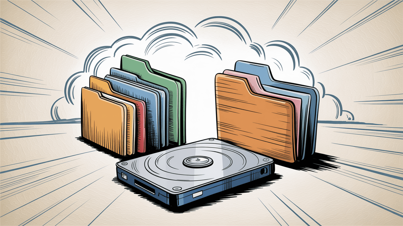 Backup storage solutions showing external drive folders and cloud storage options